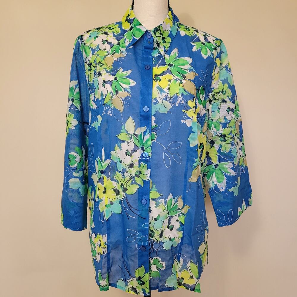 EUC Alfred Dunner 18 Button Front 3/4 Sleeve Tropical Semi Sheer Blouse